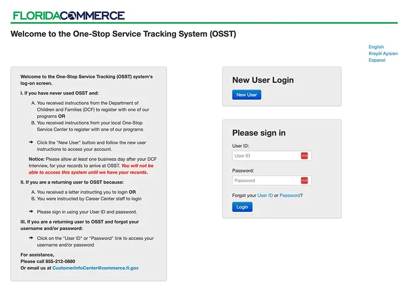 Screenshot of the FloridaCommerce OSST website