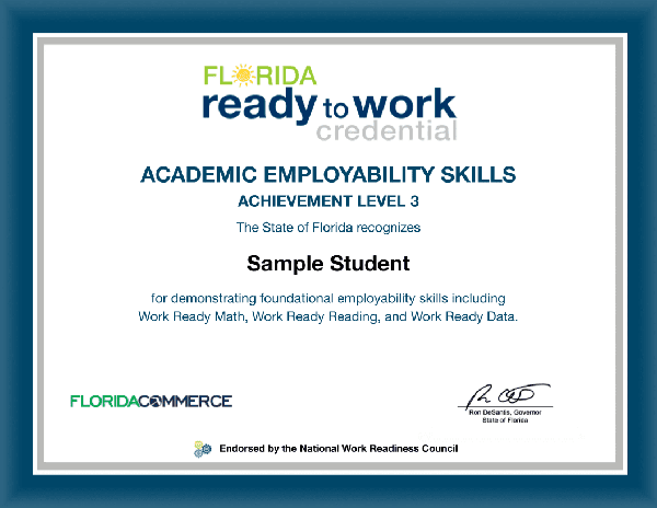 Photo of the back os an example Florida Ready To Work Skills Certificate Front 