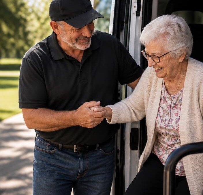 A driver helps an older woman step out of a transport van