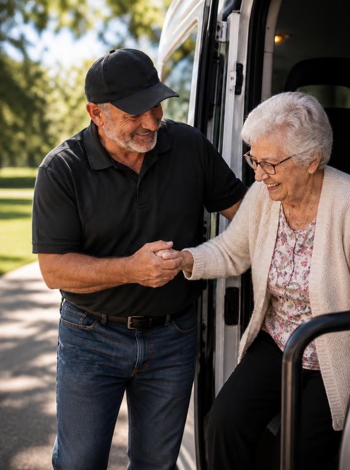 A driver helps an older woman step out of a transport van